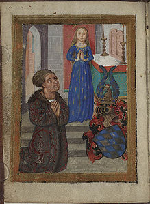 Erbauungs-Büchlein für Herzog Sigismund von Bayern-München. Der Herzog vor Maria im Ährenkleid. Nürnberg 1494. (Bayerische Staatsbibliothek, Cgm 134, f. 1v)