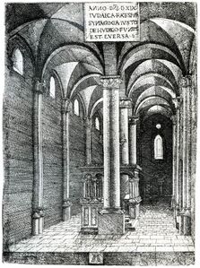 Innenraum der Synagoge in Regensburg kurz vor ihrer Zerstörung 1519. Radierung von Albrecht Altdorfer (gest. 1538). (aus: Hermann Voss, Albrecht Altdorfer und Wolf Huber [Meister der Graphik 3], Leipzig 1910, Tafel 29a)