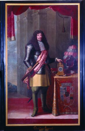 Porträt des Pfalzgrafen Christian August mit Pfalzgrafenstab in der rechten Hand. An der Vorderseite der Tischdraperie das Pfalz-Sulzbacher Wappen. Öl auf Leinwand, 2. Hälfte des 17. Jahrhunderts. (Stadtmuseum Sulzbach-Rosenberg, Inv.-Nr. 844)