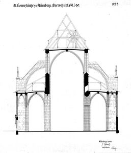 Querschnitt durch das Langhaus in der Achse der Pfarrtür aus der Bauhütte unter Josef Schmitz und Otto Schulz, 1905. (Quelle: Archiv der Kirchengemeinde St. Lorenz Nürnberg)