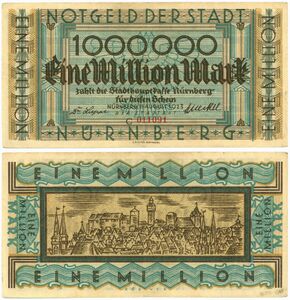 Notgeld über 1 Million Mark, ausgegeben von der Stadt Nürnberg im Jahr 1923. (bavarikon) (HVB Stiftung Geldscheinsammlung - Inventarnummer: DE-BY-90402-V1029f)