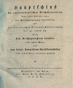 Titelblatt des Reichsdepuationshauptschlusses von 1803. (Bayerische Staatsbibliothek, 4 J.publ.e. 13)