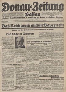 Ausgabe der Donau-Zeitung vom 10. März 1933 mit der Berichterstattung über die "Machtergreifung" in Bayern.