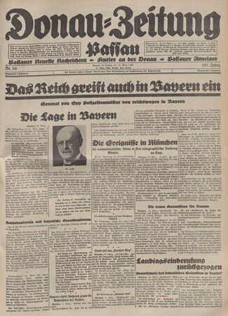 Ausgabe der Donau-Zeitung vom 10. März 1933 mit der Berichterstattung über die "Machtergreifung" in Bayern.