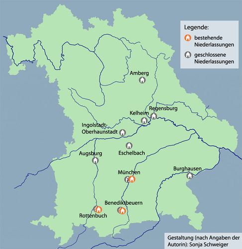 Karte mit den Niederlassungen der Don Bosco Schwestern in Bayern. (Gestaltung: Sonja Schweiger)