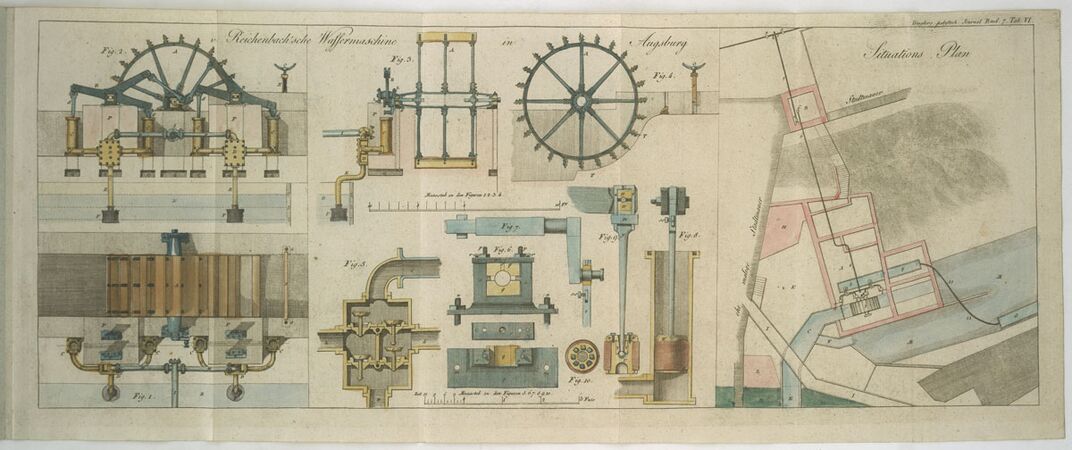 „Reichenbach’sche Wassermaschine in Augsburg“ von Johann Gottfried Dingler im Polytechnischen Journal 7, 1822. (PDM 1.0 via SLUB Dresden, Technol.A.264-7.1822)