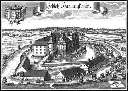 Schloss Haslangkreit, Stich von Michael Wening (1645-1718), ca. 1696-1701. (Bayerische Vermessungsverwaltung, lizenziert durch CC BY-ND 4.0 via bavarikon )