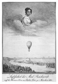Ballonfahrt der ersten deutschen Ballonfahrerin Wilhelmine Reichardt (1788–1848) auf der Theresienwiese am Oktoberfest in München 1820, Radierung. (Plansammlung des Deutschen Museums)