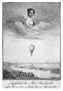 Ballonfahrt der ersten deutschen Ballonfahrerin Wilhelmine Reichardt (1788–1848) auf der Theresienwiese am Oktoberfest in München 1820, Radierung. (Plansammlung des Deutschen Museums)