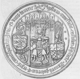 Siegel von Pfalzgraf Christoph als König von Dänemark, Norwegen und Schweden (Abzeichung aus Henry Petersen: Et dansk Flag fra Unionstiden i Maria-Kirken i Lübeck, Copenhagen 1882, S. 10; Wikimedia Commons)