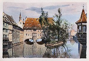 Das Heilig-Geist-Spital in Nürnberg, Aufbewahrungsort der Reichskleinodien von 1424 bis 1796. Aquarell von Otto Wiegk (gest. 1914). (Bayerische Staatsbibliothek, Bildarchiv, port-010345)