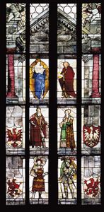 Markgrafenfenster im Chor der Nürnberger Sebalduskirche (Ausschnitt). Nürnberg, 1515, Werkstatt Veit Hirsvogel nach Entwurf Hans von Kulmbachs. (Corpus Vitrearum Freiburg i. Br., A. Gössel)