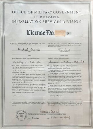Lizenz Nr. 8 für die Main-Post, ausgestellt für Michael Meisner (1904-1990) am 1. Januar 1949. (Main-Post)