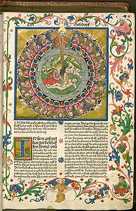 Bibel: Die Erschaffung Evas. Anton Koberger, 1483. Buchmalerei der Werkstatt Johannes Bämler. (Bayerische Staatsbibliothek, Rar. 288, f. 5r; BSB-Ink B-490; GW 4303)
