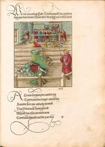 Holzschnitt aus dem "Theuerdank". (Die geuerlicheiten vnd einsteils der geschichten des loblichen streytparen vnd hochberümbten helds vnd Ritters herr Tewrdannckhs, Nürnberg, 1517, Bayerische Staatsbibliothek, Rar. Rar. 325 a)