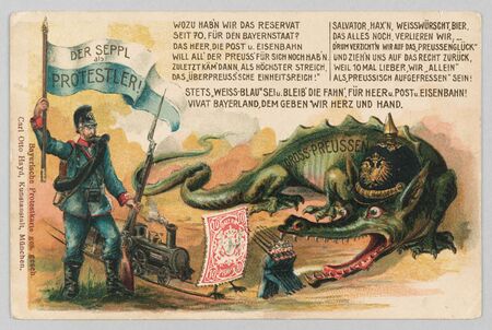 Der bayerische Seppl protestiert gegen den Marsch Bayerns ins zentralistische, von Preußen geführte Kaiserreich. Postkarte zu den bayerischen Reservatrechten (Haus der Bayerischen Geschichte, bapo-00136)