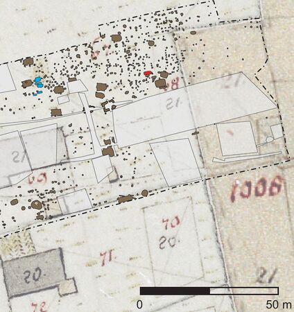 Abb. 14: Unterhaching, frühmittelalterliche Siedlung mit sog. Hofgrablegen. (Grundlage: Grabungsplan Firma Anzenberger/Leicht)