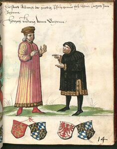Herzog Albrecht III. von Bayern-München (links, reg. 1438-1460), Herzog Ludwig VIII. "der Bucklige" von Bayern-Ingolstadt (rechts, reg. 1443-1445), in: Abbildungen bayrischer Regenten von Bavarus bis Sigmund. Desgleichen welfischer Fürsten, 16. Jahrhundert. (Bayerische Staatsbibliothek, Cgm 2822, 41)