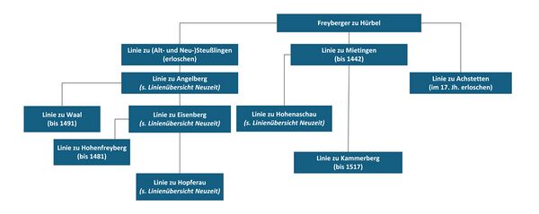 Übersicht über die Linien des Geschlechts der Freyberg im Mittelalter. (Gestaltung: Anja Lochbrunner)