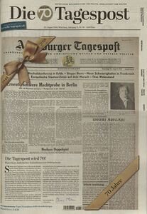 Titelblatt der Jubiläumsausgabe der Tagespost vom 22.8.2018 (70 Jahre) mit Abbildung der Ausgabe vom 28.8.1948. (Die Tagespost)