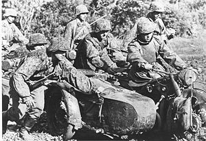 Soldaten der Waffen-SS schieben 1941 in der Sowjetunion ein BMW-Motorrad mit Beiwagen durch den Schlamm. (Bayerische Staatsbibliothek, Bildarchiv hoff-36436)