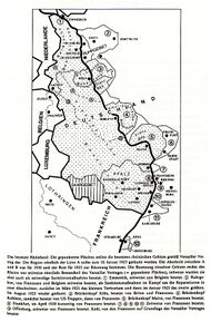 Karte des besetzten Rheinlandes mit den verschiedenen Besatzungszonen. (Abb. aus: Wilhelm Kreutz/Karl Scherer [Hg.], Die Pfalz unter französischer Besetzung, Kaiserslautern 1999, 12)