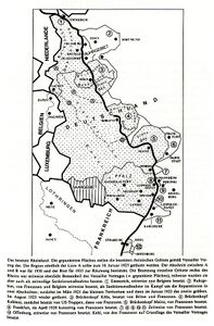 Karte des besetzten Rheinlandes mit den verschiedenen Besatzungszonen. (Abb. aus: Wilhelm Kreutz/Karl Scherer [Hg.], Die Pfalz unter französischer Besetzung, Kaiserslautern 1999, 12)