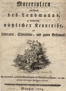 "Materialien zum Dienste des Landmanns", eine Beilage zum Intelligenzblatt. Die Illustration des Titelblatts spiegelt den aufklärerischen Impetus des Blattes wider.