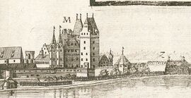Neues Schloss Ingolstadt. Ausschnitt aus einem Kupferstich von Michael Wening (1645-1718). Abb. aus: Michael Wening, Historico-Topographica Descriptio. Das ist: Beschreibung, deß Churfürsten- und Hertzogthums Ober- und Nidern Bayrn, Bd. 1, Das Renntambt München, München 1701. (Bayerische Staatsbibliothek, Hbks/F 18-2)
