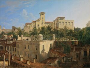Gemälde mit Blick auf die Villa Malta in Rom von Domenico Quaglio (1787-1837) von 1830. (Bayerische Staatsgemäldesammlungen - Neue Pinakothek München: WAF 784 lizenziert durch CC BY-SA 4.0)