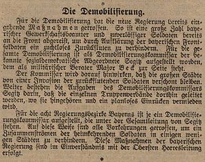 Bericht über die Einsetzung des Demobilisierungskommissars Martin Segitz. (Bayerische Staatszeitung, 13. November 1918)