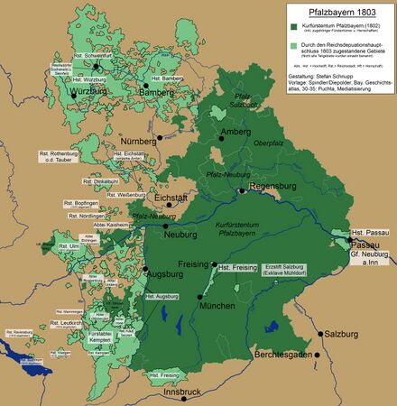 Pfalzbayern nach dem Reichsdeputationshauptschluss 1803. (Gestaltung: Stefan Schnupp; Vorlagen: Spindler/Diepolder, Bay. Geschichtsatlas, 30-35; Puchta, Mediatisierung)