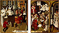 Darstellung des Regensburger Hostienfrevels von 1476 in zeitgenössischen Altarbildern. Die Legende berichtet von einem Hostiendiebstahl durch einen jungen Mann in St. Emmeram. Der Dieb warf die Hostien in einen Keller (linkes Bild). Die entdeckten Hostien wurden durch hohe Geistliche erhoben (rechts). Diese Vorgänge waren der Anlass zum Bau einer Salvatorkapelle, aus der vermutlich die beiden Tafelbilder stammen. (Germanisches Nationalmuseum Nürnberg)