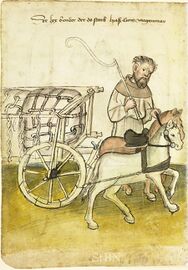 Darstellung eines Fuhrmanns im Hausbuch der Mendelschen Zwölfbrüderstiftung in Nürnberg aus der Zeit um 1425. (Stadtbibliothek Nürnberg Amb. 317.2° Folio 32v)