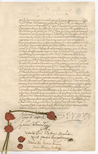 Am 24. Oktober 1648 tauschen nur die Unterhändler der Hauptvertragspartner Ausfertigungen des Friedensvertrags aus. Das bayerische Exemplar des Friedens von Münster entstand im Frühjahr 1649 als "Nachausfertigung". (Bayerisches Hauptstaatsarchiv, Kurbayern Urk. 1699, BI. 21)