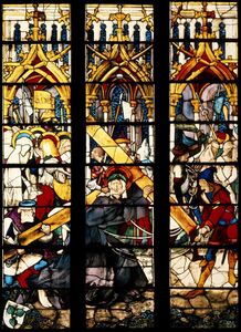 Kreuztragung Christi. Landsberg/Lech, Stadtpfarrkirche. Augsburg, um 1490, nach Entwurf von Hans Holbein d. Ä. (Corpus Vitrearum Freiburg i. Br., J. Mutter)