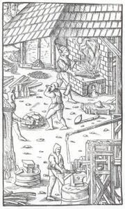 Eisenverhüttung im Zerrenherd in der Oberpfalz, 16. Jahrhundert. (Bergbau- und Industriemuseum Theuern)