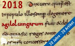 Ausschnitt aus der Ingolstädter Handschrift der Lex Baioariorum von ca. 800-825 mit der Bestimmung, der Herzog müsse immer aus dem Geschlecht der Agilolfinger stammen. Hier Zeile 8/9: "de genere Agiloluingarum". (Universitätsbibliothek München, Cim. 7, fol. 63r)