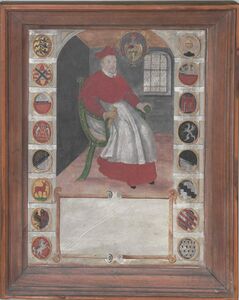 Kardinal Otto Truchseß von Waldburg (1514 – 1573) auf einem Gemälde zur Erinnerung an die Gründer und die Fundation der Universität Dillingen, Süddeutschland 1606. (Studienbibliothek Dillingen - Signatur: XXVI-1 lizenziert durch CC BY-NC-SA 4.0)