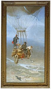 "Tausend Meter über München". Idealisierte ballonhistorische Szene mit Carl Ritter von Brug (1855-1923), Hans Bartsch von Sigisfeld (1861-1902) und Hugo Ludwig Max Kollmann (1858-1911). Gemälde von Theodor Pixis (1831-1907), 1890. (Deutsches Museum, Bild-Nr. 51265)