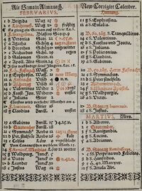 Seite 8 aus dem Almanach: Der Februar 1583 im alten Julianischen Kalender und im neuen Gregorianischen Kalender in der 10-Tage-Differenz in Spalten gegenübergestellt. Die Seite zeigt anschaulich den kalendarischen Sprung vom 10. Februar 1583, Sonntag "Herrn-Faßnacht", auf Montag 21. Februar 1583 des neuen Kalenders. (Niedersächsische Staats- und Universitätsbibliothek Göttingen, 8 H SUBS 7402 (1) Gemeinfrei via PDM 1.0)