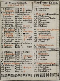 Seite 8 aus dem Almanach: Der Februar 1583 im alten Julianischen Kalender und im neuen Gregorianischen Kalender in der 10-Tage-Differenz in Spalten gegenübergestellt. Die Seite zeigt anschaulich den kalendarischen Sprung vom 10. Februar 1583, Sonntag "Herrn-Faßnacht", auf Montag 21. Februar 1583 des neuen Kalenders. (Niedersächsische Staats- und Universitätsbibliothek Göttingen, 8 H SUBS 7402 (1) Gemeinfrei via PDM 1.0)