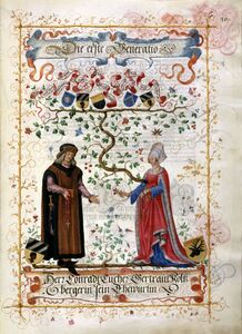 Im Großen Tucherbuch wird der 1326 verstorbene Konrad Tucher als Stammvater der Familie genannt. Hier ist er mit seiner Gemahlin Gertraud Holzperger dargestellt. (aus: Das Große Tucherbuch, entstanden zwischen 1590 und 1606, Stadtarchiv Nürnberg E 29/III Nr. 258, fol.30r.)