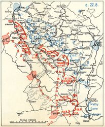 Karte mit Truppenbewegungen vom 22. August 1914. (Abb. aus: Karl Deuringer, Die Schlacht in Lothringen, Bd. 1, Lageskizzen, Blatt 1, e)