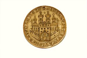 Abguss des jüngeren, von 1237 bis 1560 nachweisbaren Siegels der Stadt Würzburg mit der ältesten Abbidildung des Doms. (Staatsarchiv Hamburg, 732-1 Trummer-Sammlung, Nr. 45)