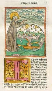 Darstellung der Schöpfungsgeschichte, abgedruckt in Anton Sorg, Biblia, deutsch, Augsburg 1477. (Augsburg, Staats- und Stadtbibliothek, Inkunabel 2 Ink 397)