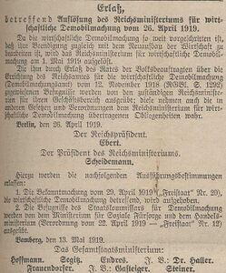 Erlass über die Auflösung des Reichsministeriums für wirtschaftliche Demobilmachung vom 26.4.1919 sowie die bayerischen Ausführungsbestimmungen. (Bayerische Staatszeitung, 20.5.1919, 9)