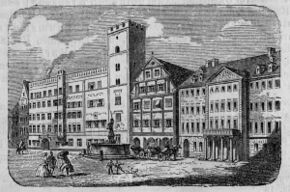 Gasthof Goldenes Kreuz in Regensburg mit dem Geschlechterturm, Holzschnitt. (Abb. aus: Hugo von Walderdorff, Regensburg in seiner Vergangenheit und Gegenwart, Regensburg 1869)