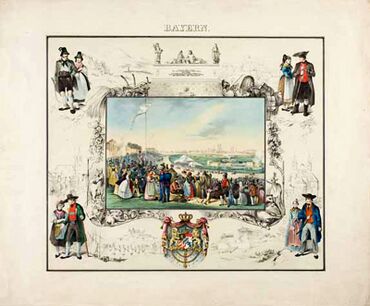 Die Lithografie von Friedrich Hohbach (1809-1877) um 1845 zeigt in der Mitte das Münchner Oktoberfest. In den vier Ecken ist jeweils ein für einen der vier Stämme Bayerns stehendes Trachtenpaar zu sehen (von links oben: Oberbayern, Franken, Niederbayern, Schwaben). (Münchner Stadtmuseum, G-P1856)
