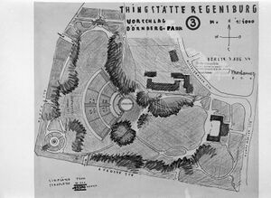 Entwurf eines Thingplatzes für Regensburg. (Stadt Regensburg, Bilddokumentation, Repro Plan Thingstätte, Arch. Moshamer (aus StaR, Plan Nr. HD 9-11))